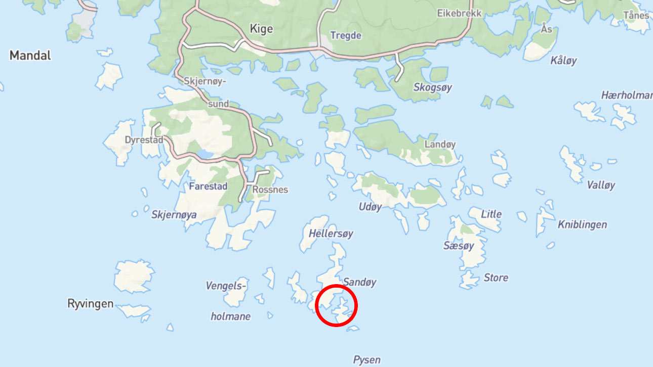 Området som ble ryddet har tilknytning til Sandøy, sirkelen på kartet viser eksakt posisjon.