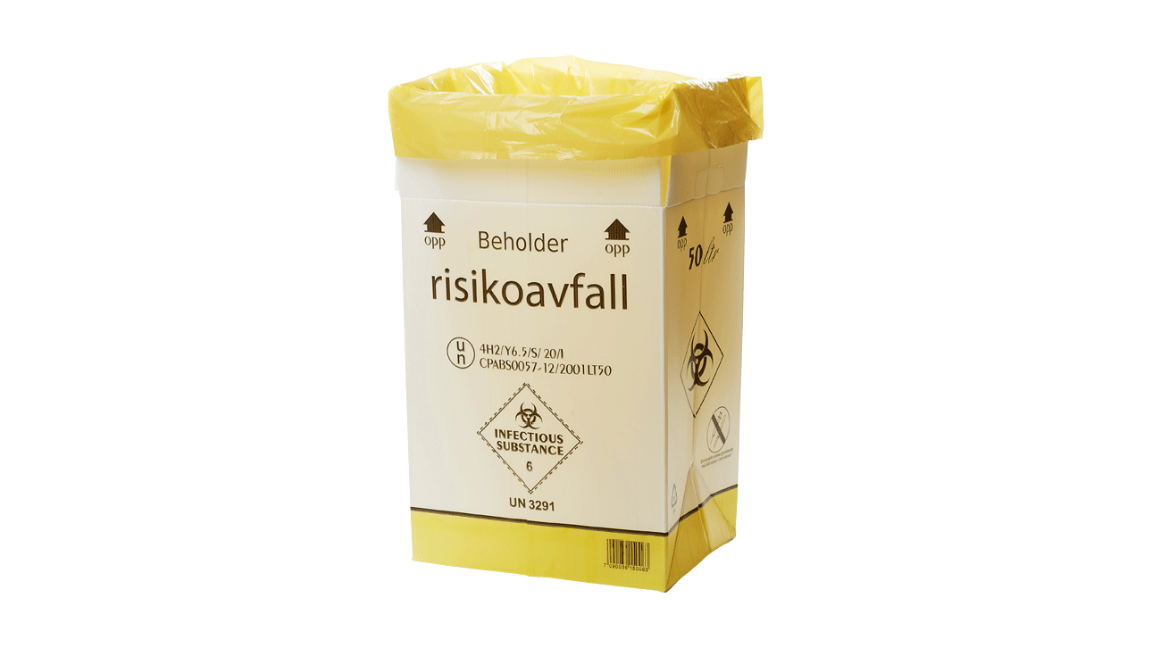 Bilde av 50 liter pappeske for smittefarlig avfall / risikoavfall.